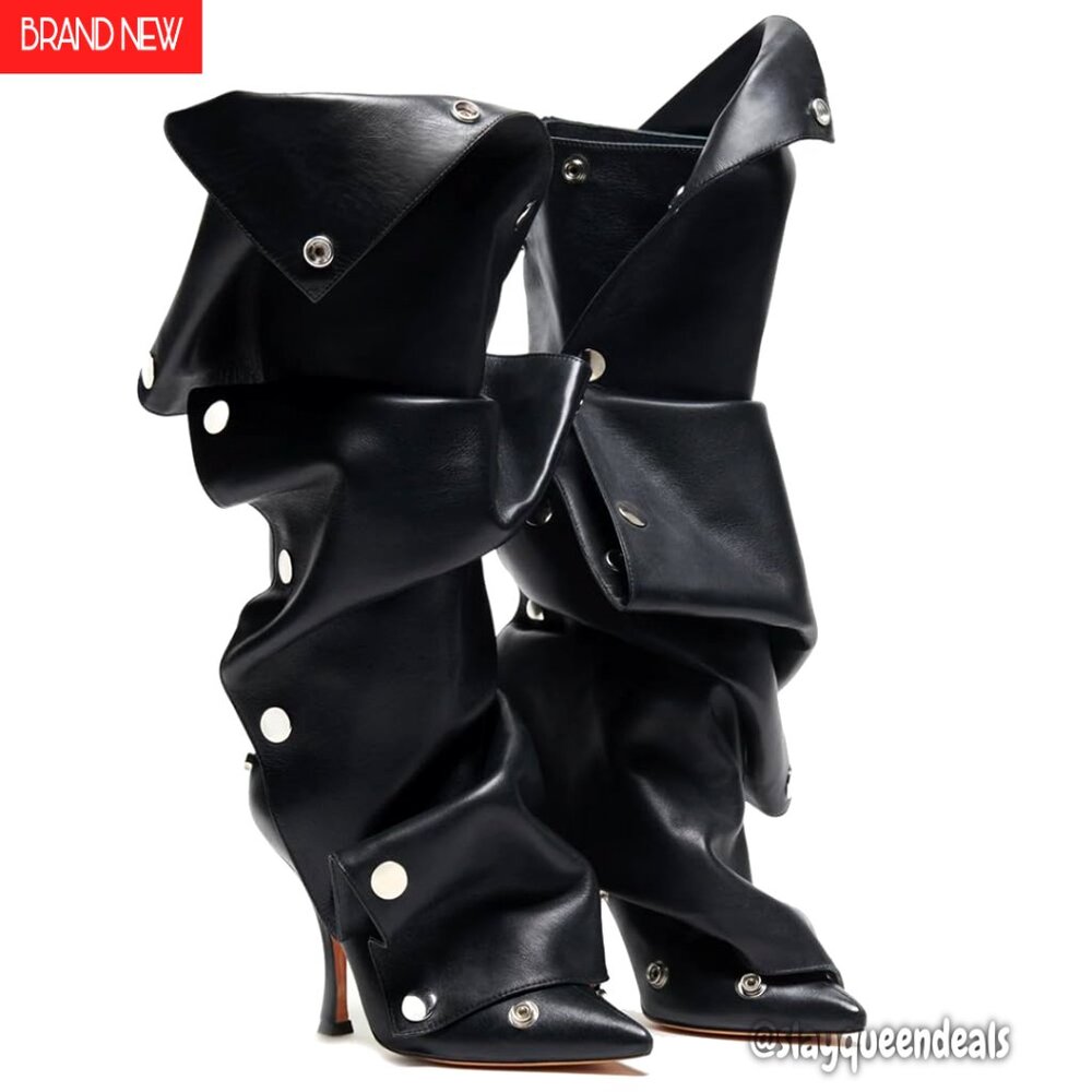 Women's Knee High Stiletto Boots Wide Calf Ruched Slouchy Detachable Panel